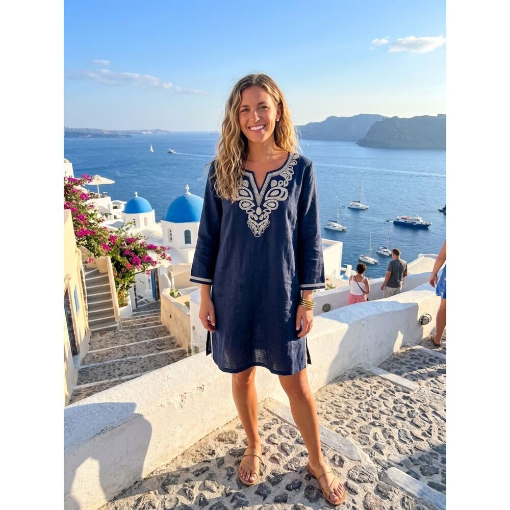 BLUE Saks Fifth Avenue Women’s Sz M 100% Linen Embroidered Tunic Top Dress Navy